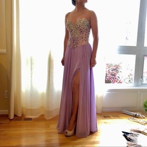 Jeweled Strapless Lavender Prom Dress with Slit